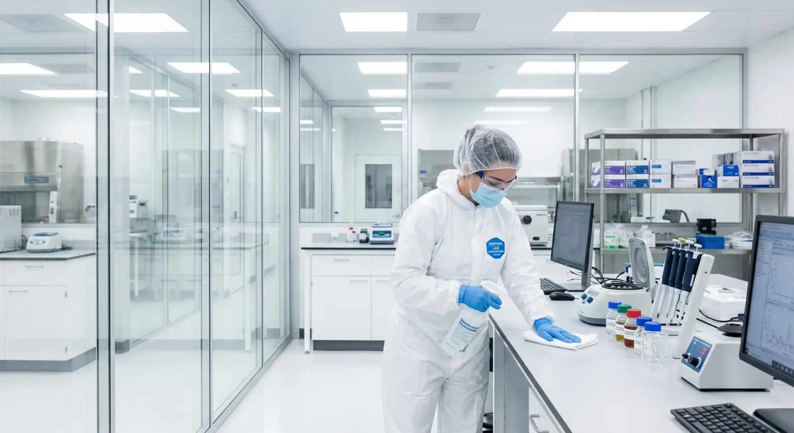 ISO Class 5 cleanroom technician in full PPE performing contamination control