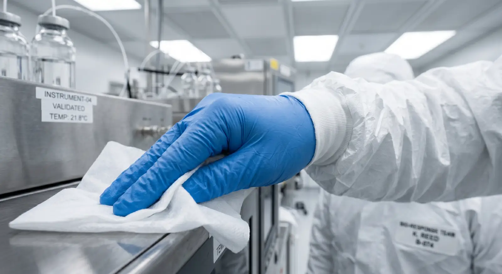 ISO Class 5 cleanroom technician in full PPE performing contamination control