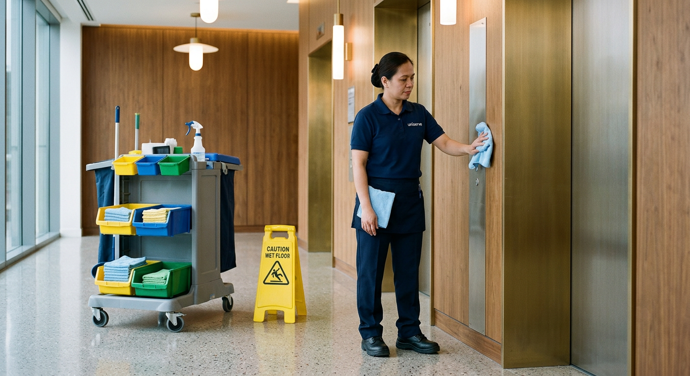 day porter cleaning elevator lobby