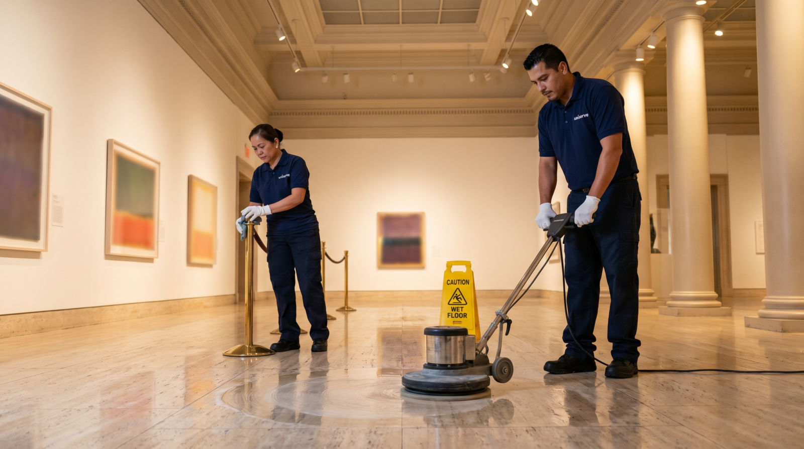 museum floor scrubbing