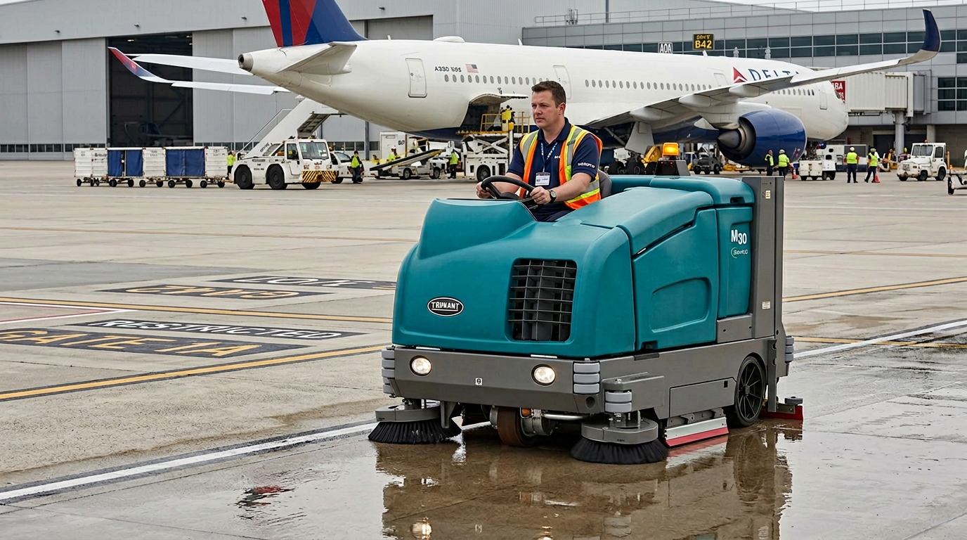 Ramp Worker operating a Tennant M30 to scrub AOA